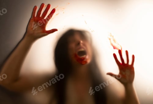 Preview: Shadowy figure with blood behind glass - horror background