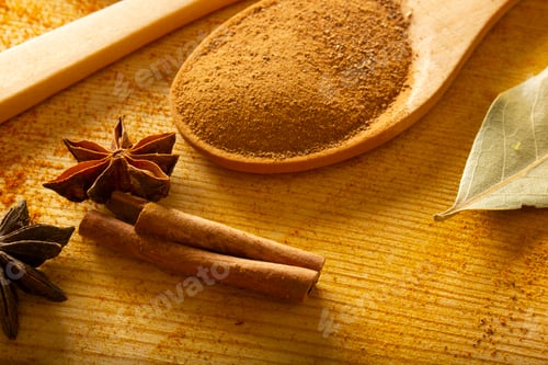 Preview: Spices on wood. Cinnamon, cinnamon sticks, star anise and bay leaf
