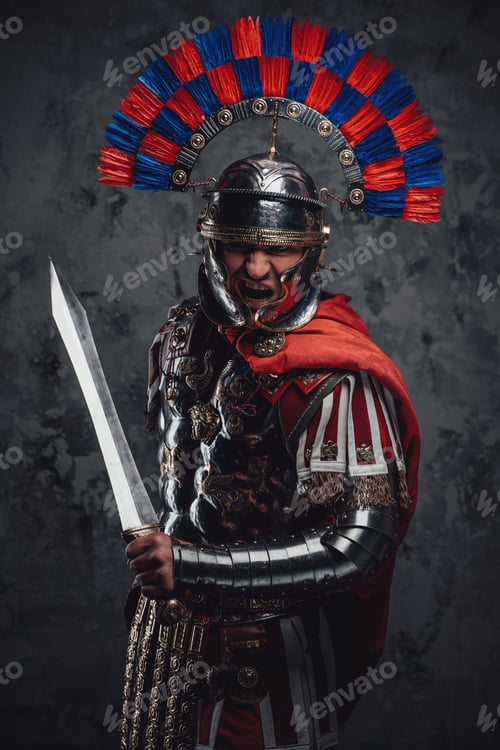 Preview: Violent legionnaire wielding gladius screaming against dark background