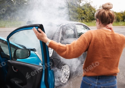 Preview: Rear View Of Female Motorist With Head Injury Getting Out Of Car After Crash