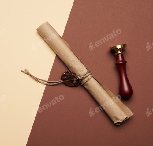 Preview: Brown paper roll sealed with wax seal, top view