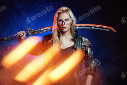 Preview: Sexy female soldier with sword poses in background with radiance