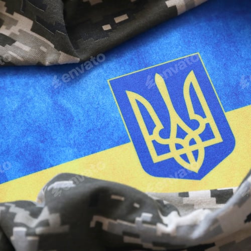 Preview: Ukrainian flag and coat of arms with fabric with texture of pixeled camouflage