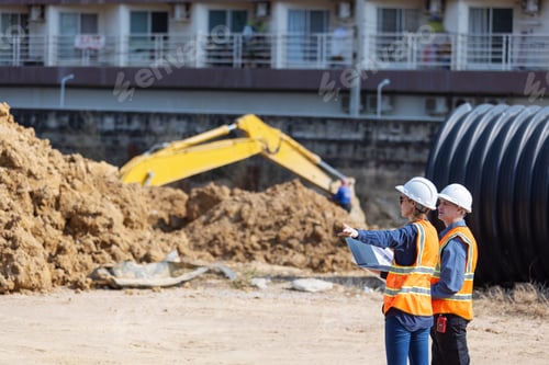 Preview: supervisor standing at a construction site, reviewing blueprints.