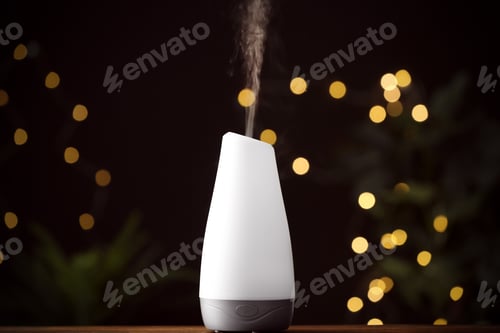 Preview: Modern aroma humidifier on wooden table against blurred lights, space for text