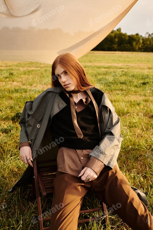 Preview: Handsome long haired man in stylish attire poses effortlessly in a serene outdoor setting