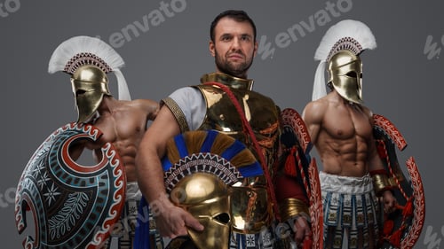Preview: Greek warlord with two comrades against grey background