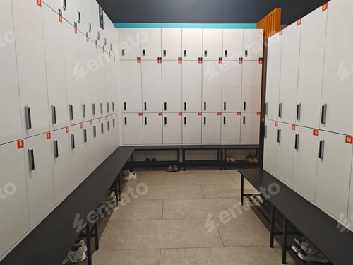 Preview: Spacious locker room interior with organized lockers and benches for personal belongings