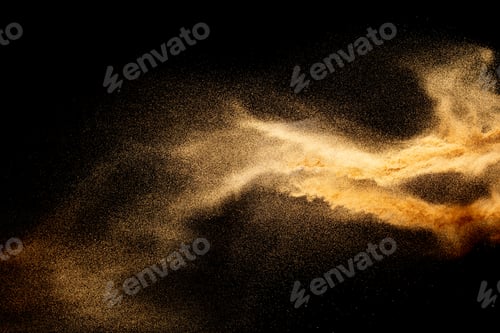 Preview: Sand explosion isolated on black background.Freeze motion of sandy dust splash.Sand texture concept.