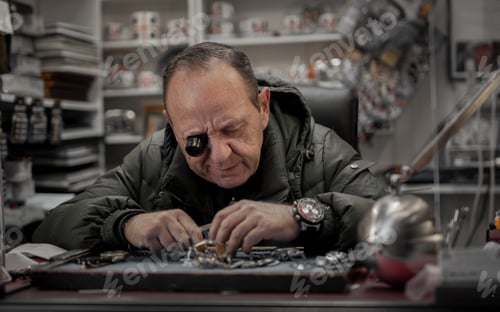 Preview: A watchmaker craftsman fixes a watch in his watchmaker's shop using an eye magnifying glass.