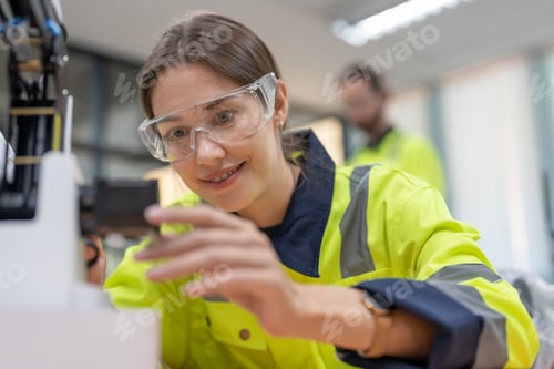 Preview: Female engineer training design and programmable AI robot model in academy robotics laboratory room