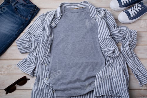 Preview: Gray T-shirt mockup with striped shirt and jeans