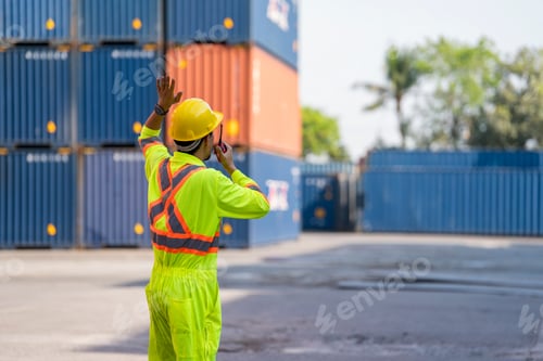 Preview: Worker directing operations at a shipping container yard during daylight hours