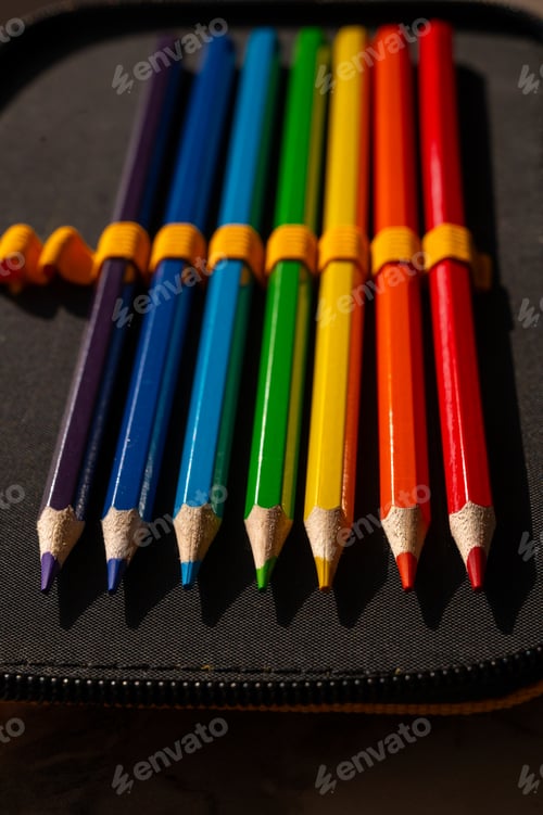 Preview: multi-colored pencils in a schoolboy's pencil case
