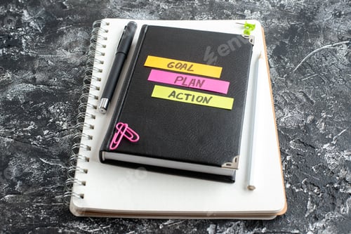 Preview: front view goal plan action notes with copybooks and pencil on gray background room color idea light