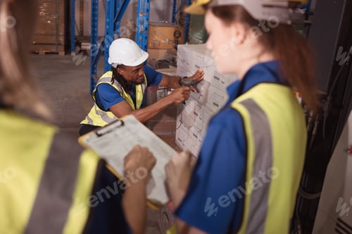 Preview: Warehouse workers work together in a large warehouse. A male employee is scanning the contents