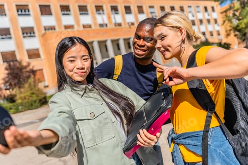 Preview: University students gesturing success while taking selfie at the campus