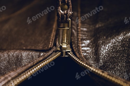 Preview: Brown leather texture and metal zipper . Fragment of leather jacket