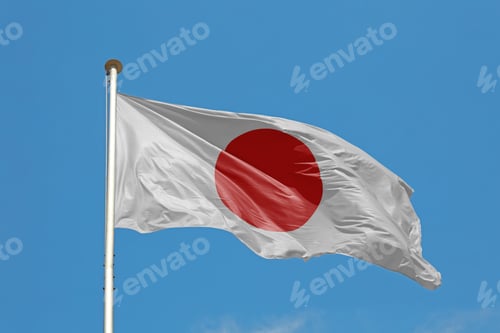 Preview: Japanese flag waving in cloudy blue sky