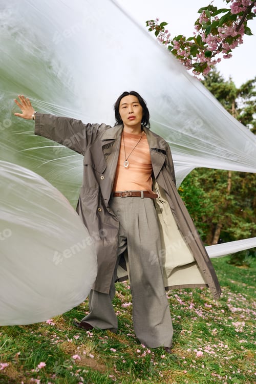 Preview: Young man showcases stylish grey outfit in serene park surrounded by nature's beauty