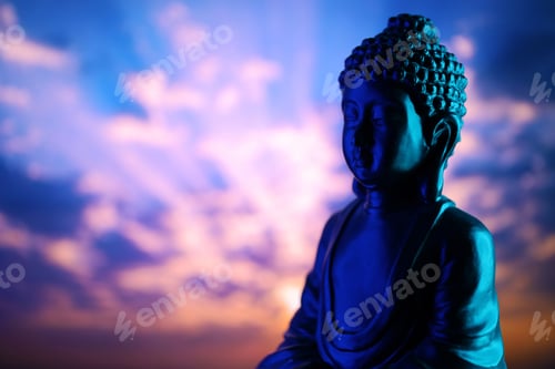 Preview: Buddha Purnima and Vesak day concept, Buddha statue with low key light