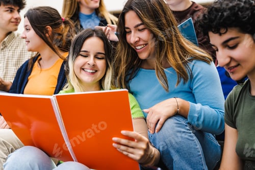 Preview: Young multiracial friends studying together outside university - School education concept