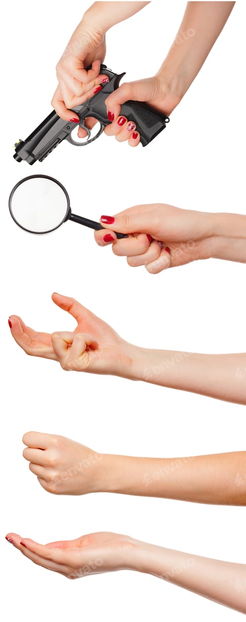Preview: Multiple images set of female caucasian hand with objects isolated over white background