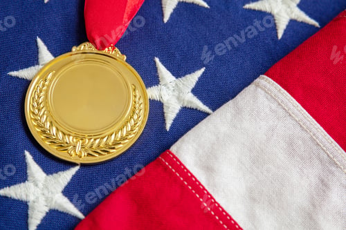Preview: Medal gold for USA. Winner prize award with ribbon on US flag background.