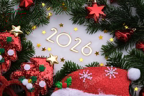 Visualização: Fundo abstrato dos atributos do Natal com o ano número 2026.