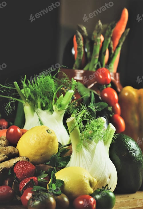 Preview: rustic composition of fruits and vegetables - healthy food, traditional cuisine