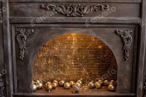 Preview: Fake of an old wooden fireplace with an ornament, decorated with brick wall, garland, golden balls