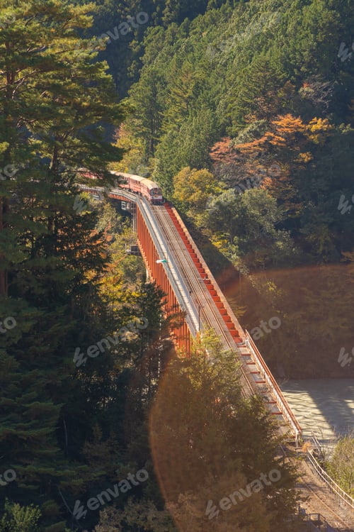 Preview: The steam train crossing Oigawa Railroad to go to station and blue river, The red bridge in Japan