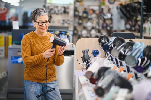 Preview: Woman shopping for hair dryer in electronics store