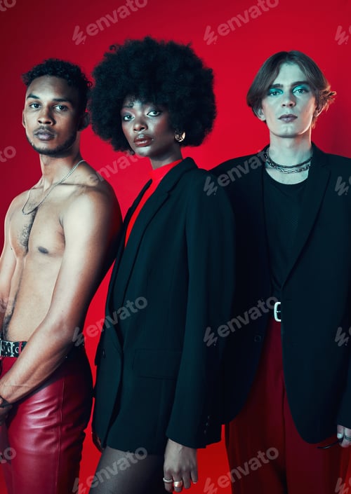 Preview: Rock, portrait and a group of people on a red background for art, punk and creative aesthetic. Retr