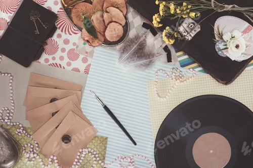 Preview: top view of retro objects over pack paper background