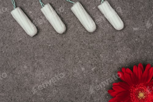 Preview: top view of arranged menstrual tampons and red flower on grey surface