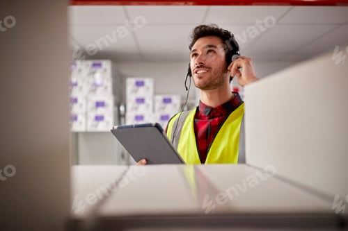 Preview: Male Worker Wearing Headset In Logistics Distribution Warehouse Using Digital Tablet
