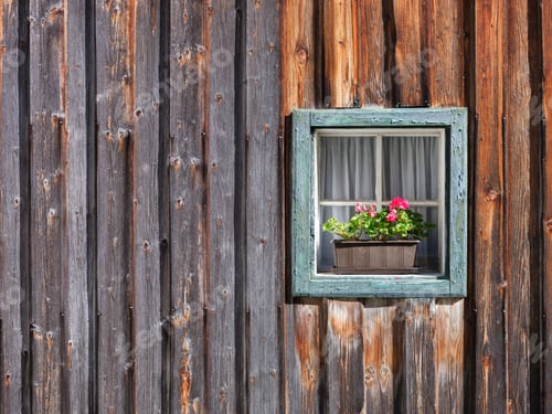 Preview: Window in the wall and potted flowers. Vintage interior and exterior design of a house.
