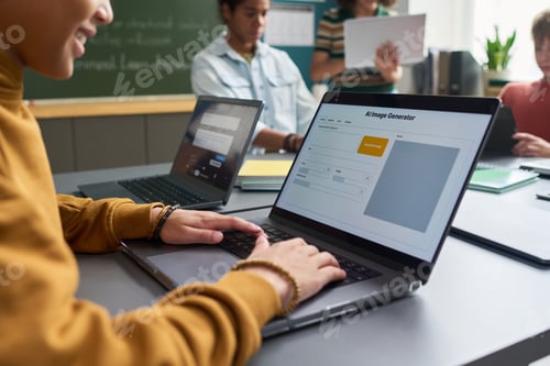 Preview: Teenage Girl Using Laptop with AI Image Generator in Classroom Setting