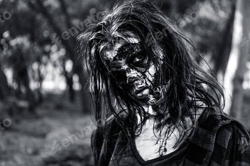 Preview: Scary zombie outdoors, black and white effect. Halloween monster