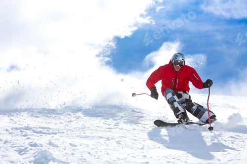 Preview: Skier, skiing downhill, low angle view