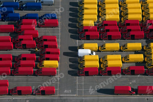 Preview: UK, Essex, Purfleet Docks, Aerial view of rows of colorful vans