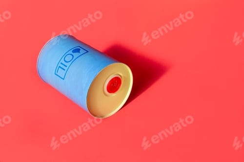 Preview: Metal barrel of oil with text "oil" on red background. Concept of oil market production