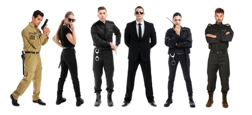 Preview: Collage of different professional security guards on white background. Banner design