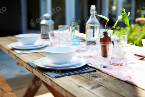 Preview: Table Set For Outdoor Meal On Wooden Table In Garden