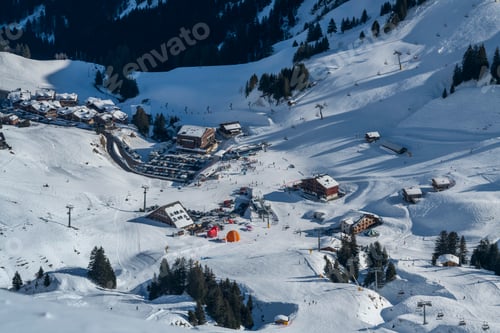 Preview: Aerial of Avoriaz ski resort area and ski slopes in the Alps mountains, France, Europe