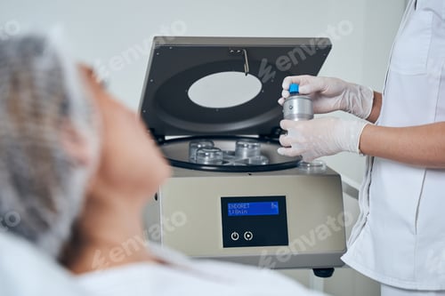 Preview: Focused photo on cosmetologist taking filler from holder