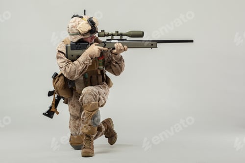Preview: Soldier aims sniper rifle during training in a controlled environment