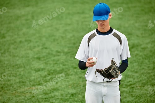 Preview: Teenage boy practices throwing a baseball on the green field during sunny afternoon