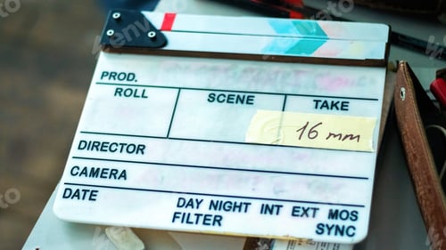 Preview: Clapper board on the movie set